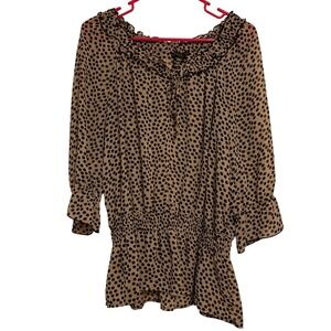Y2K Apostrophe Sheer Polka Dot Ruffle Neckline 1/2 Sleeve Blouse Women's Large‎